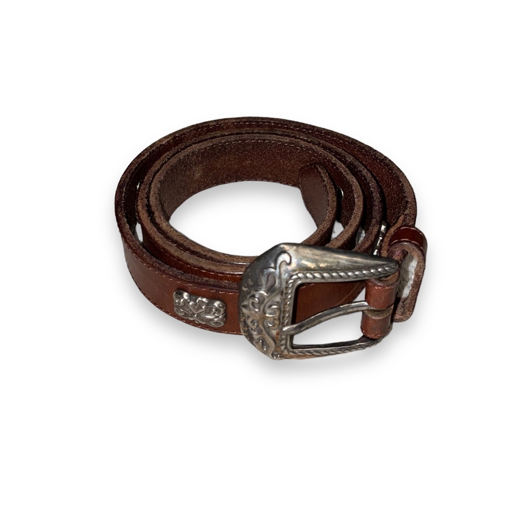 Vintage 1997 Fossil Belt M Leather Silver Metal Medallion Southwestern Brown